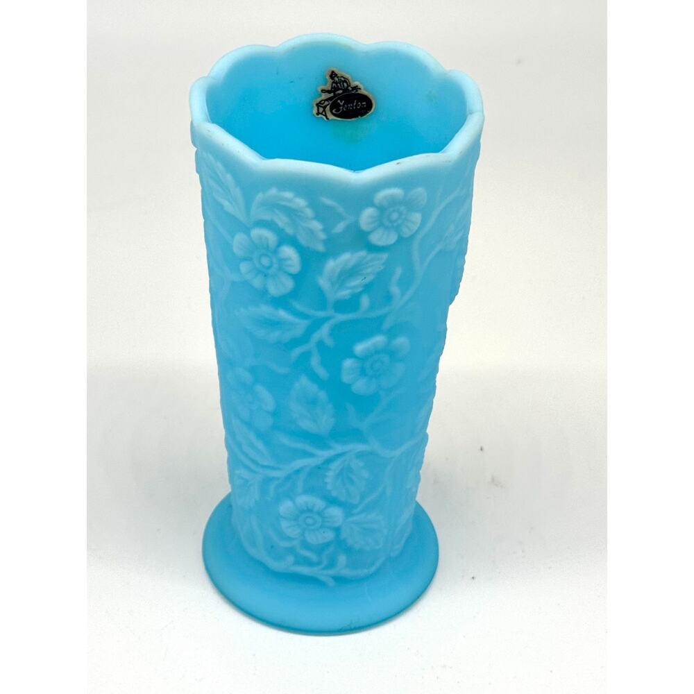 Vintage Fenton Satin Aqua Vase "Peacock in the Garden" - Stamped - 8"H